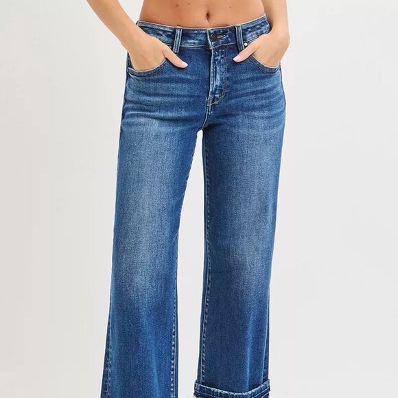 RISEN Mid Rise Ankle Straight Jeans with Cuffed Hem - Picture 6 of 6